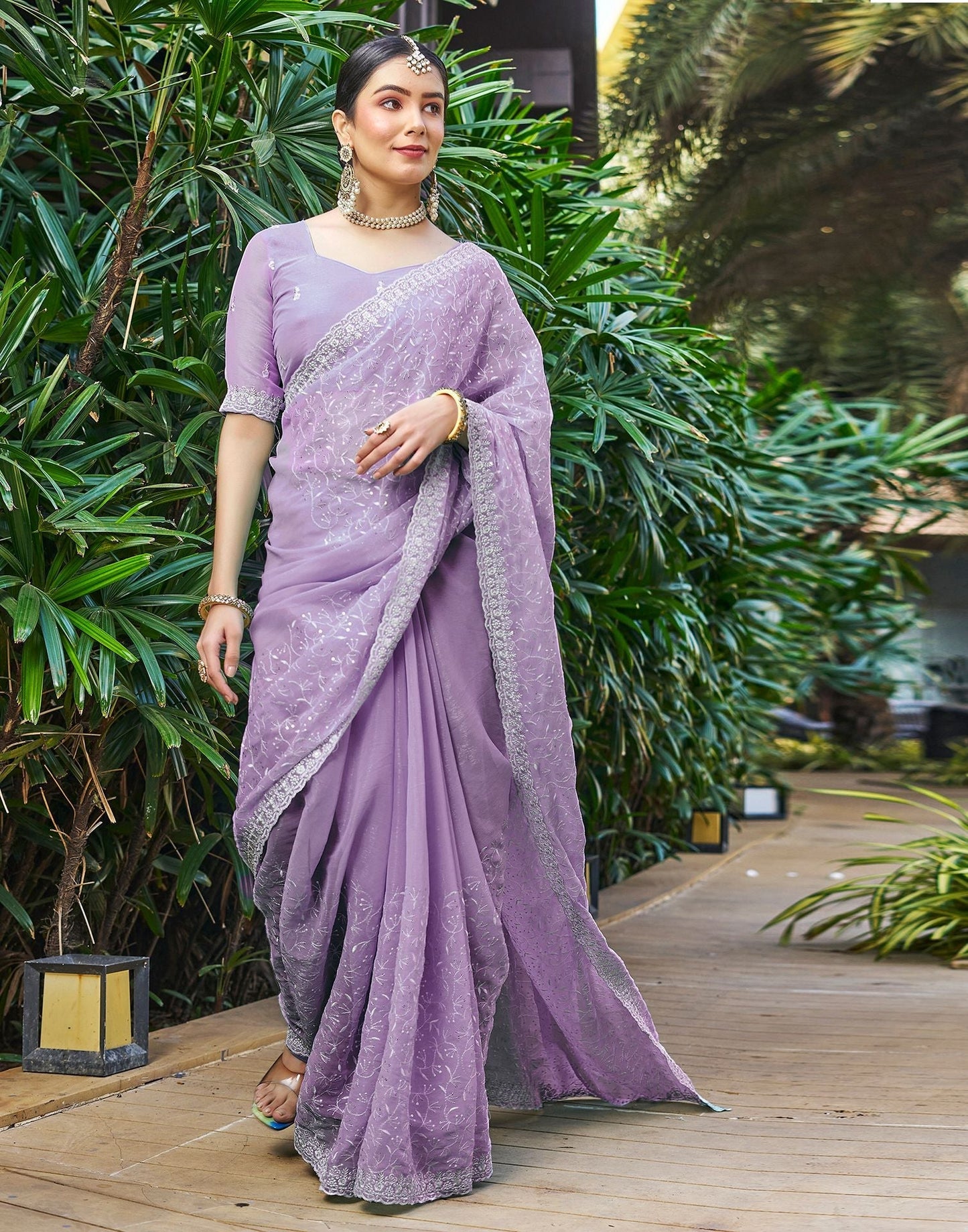 Light Purple Plain Chiffon Saree