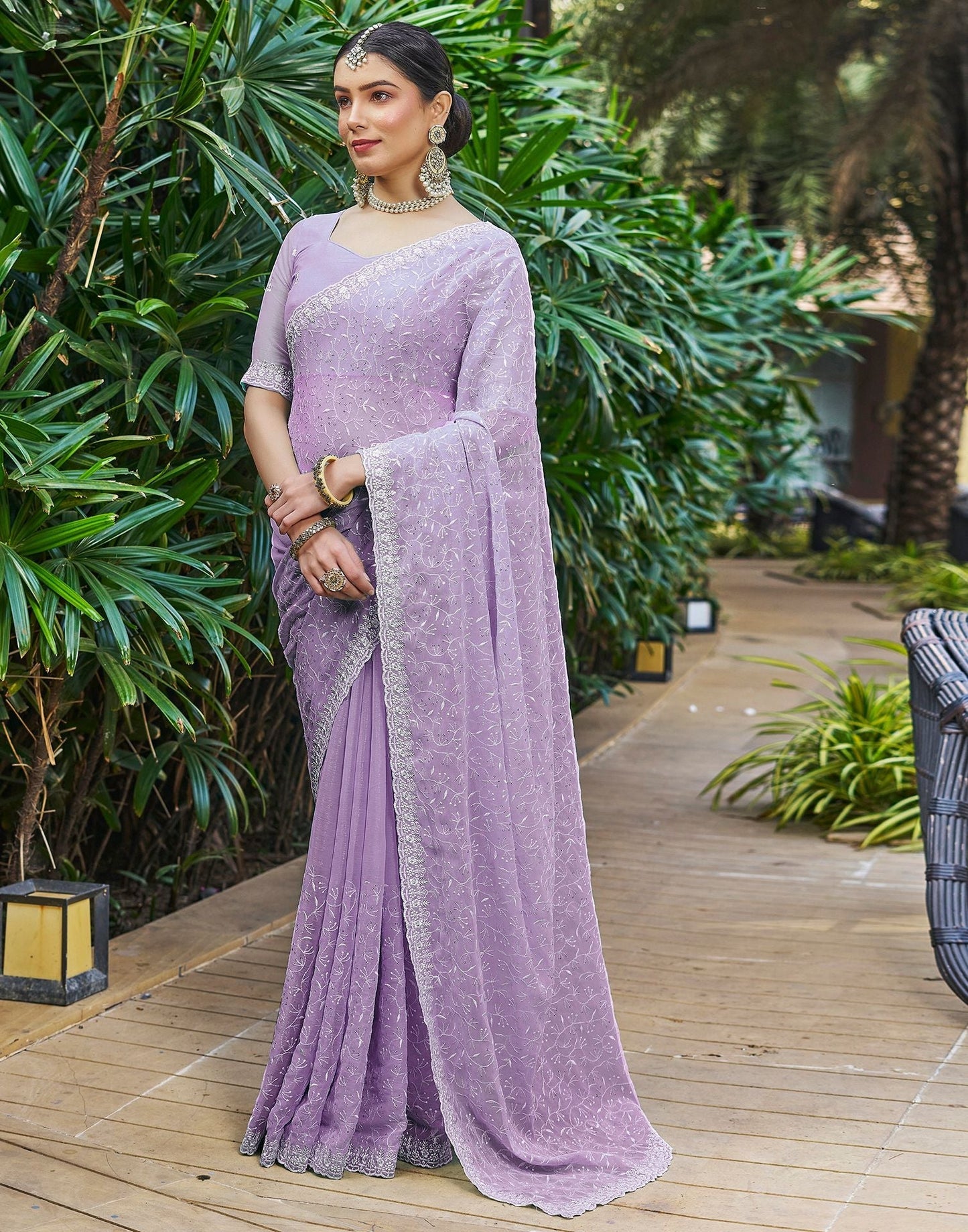 Light Purple Plain Chiffon Saree