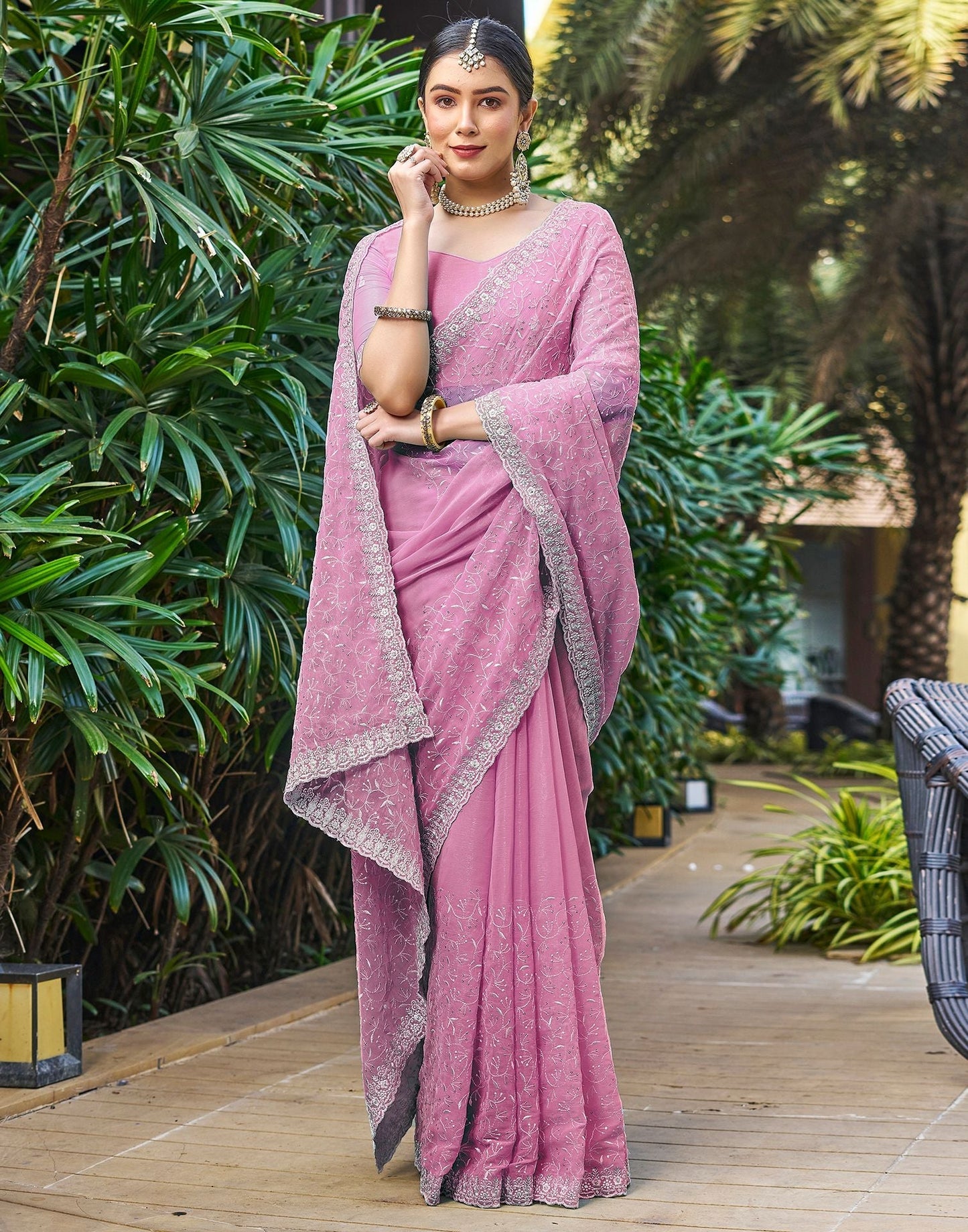 Rose Pink Plain Chiffon Saree