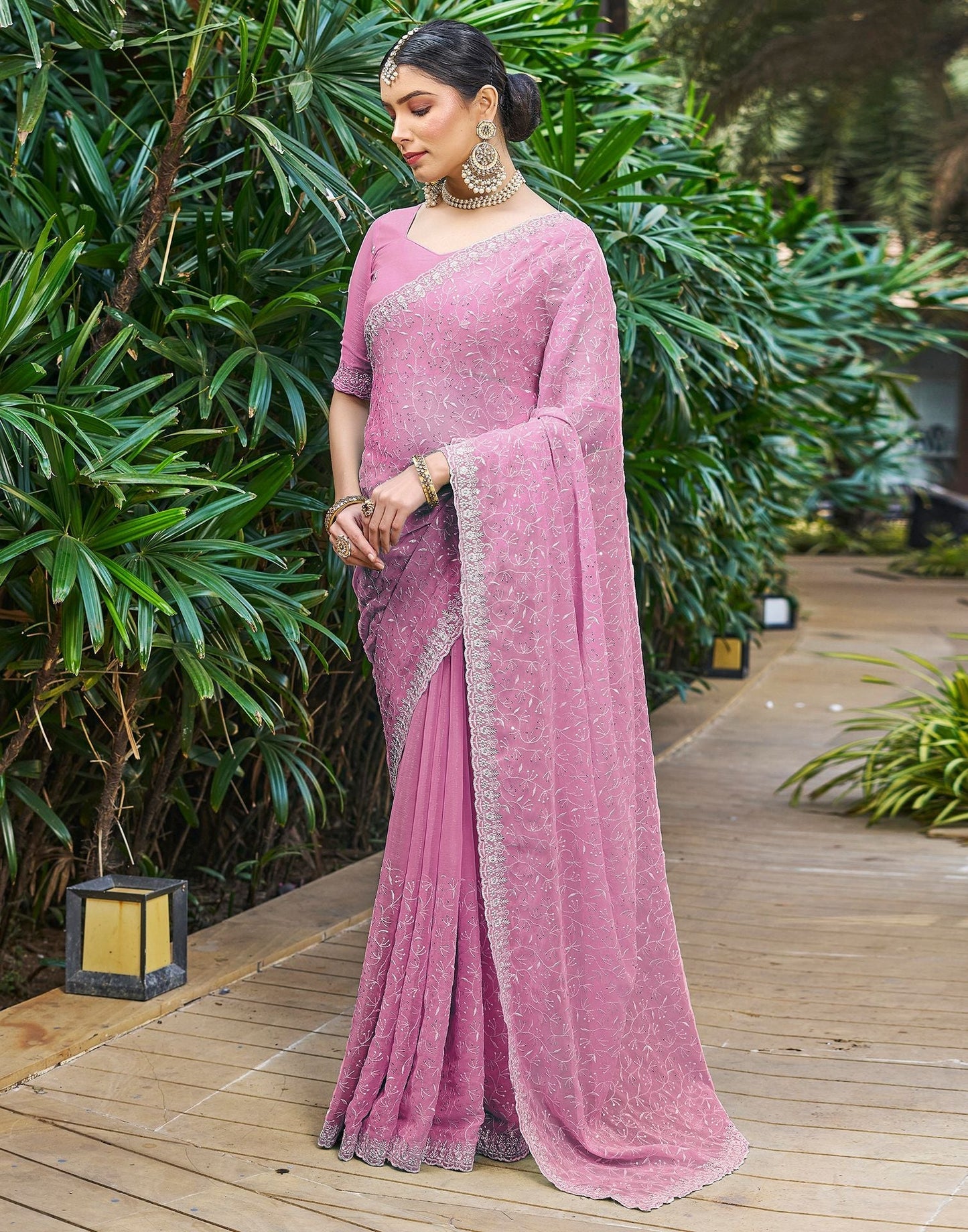 Rose Pink Plain Chiffon Saree