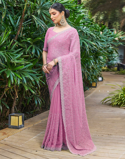 Rose Pink Plain Chiffon Saree