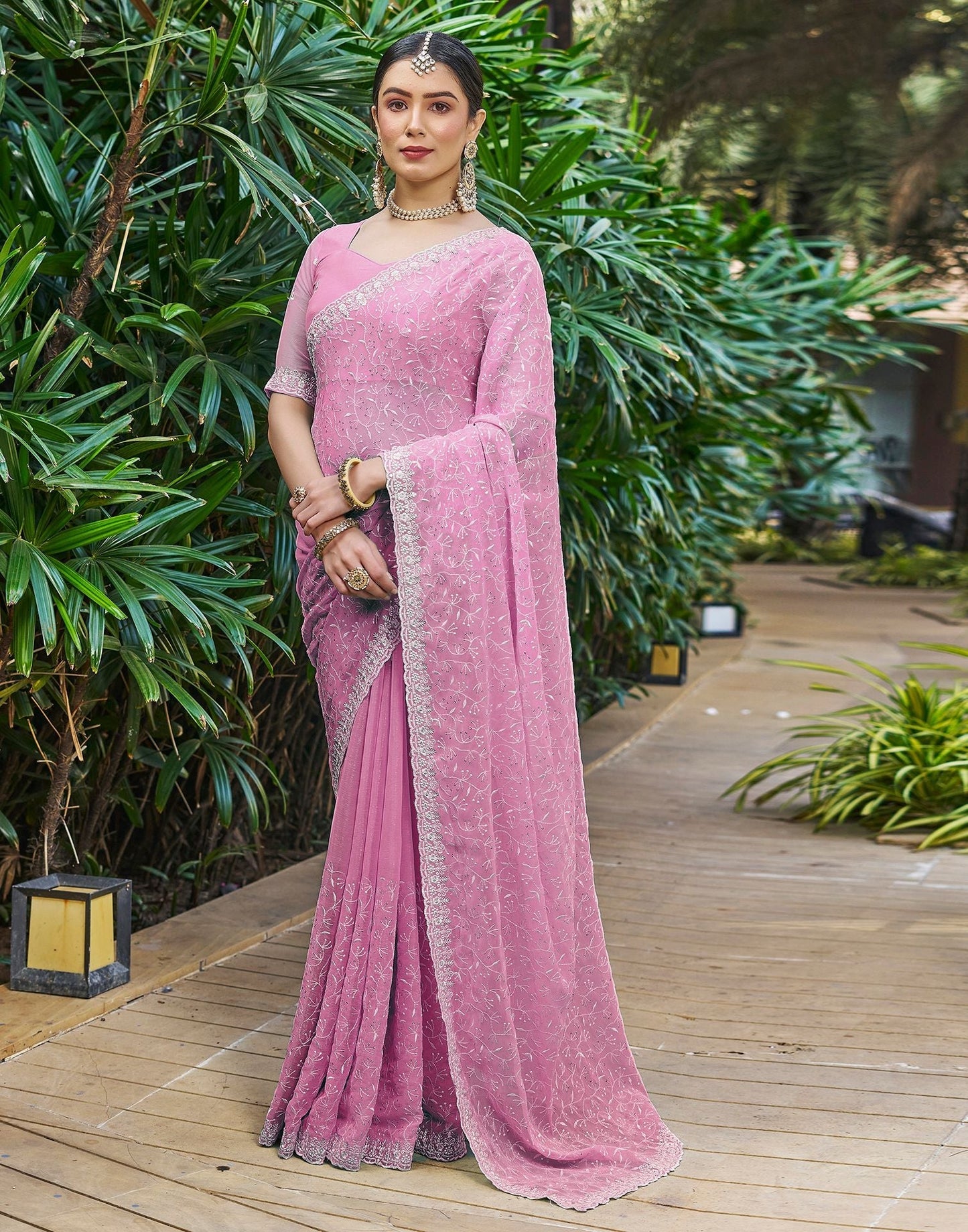 Rose Pink Plain Chiffon Saree