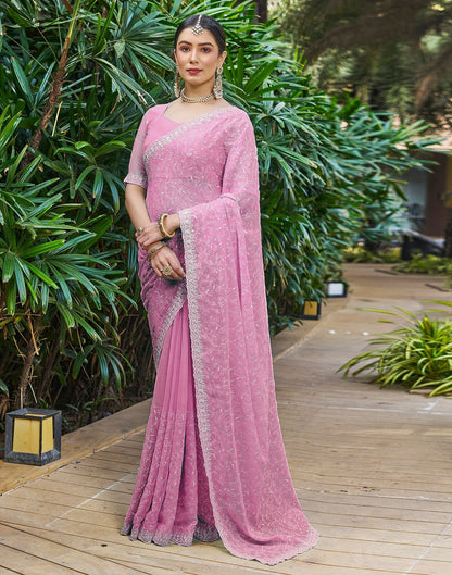 Rose Pink Plain Chiffon Saree