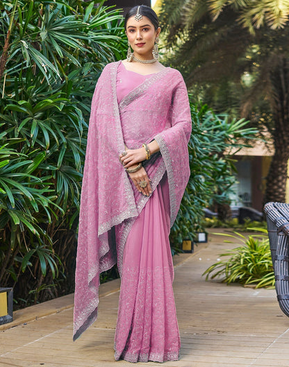 Rose Pink Plain Chiffon Saree
