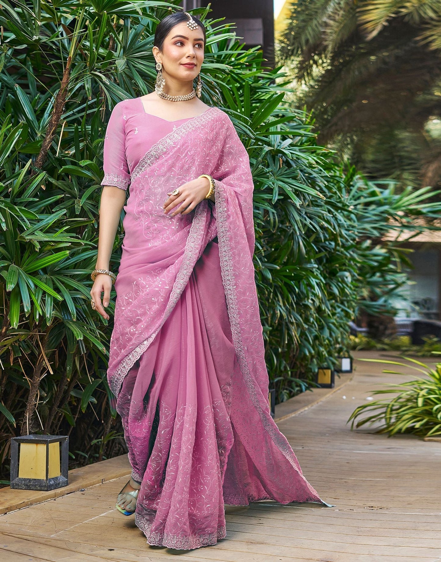 Rose Pink Plain Chiffon Saree