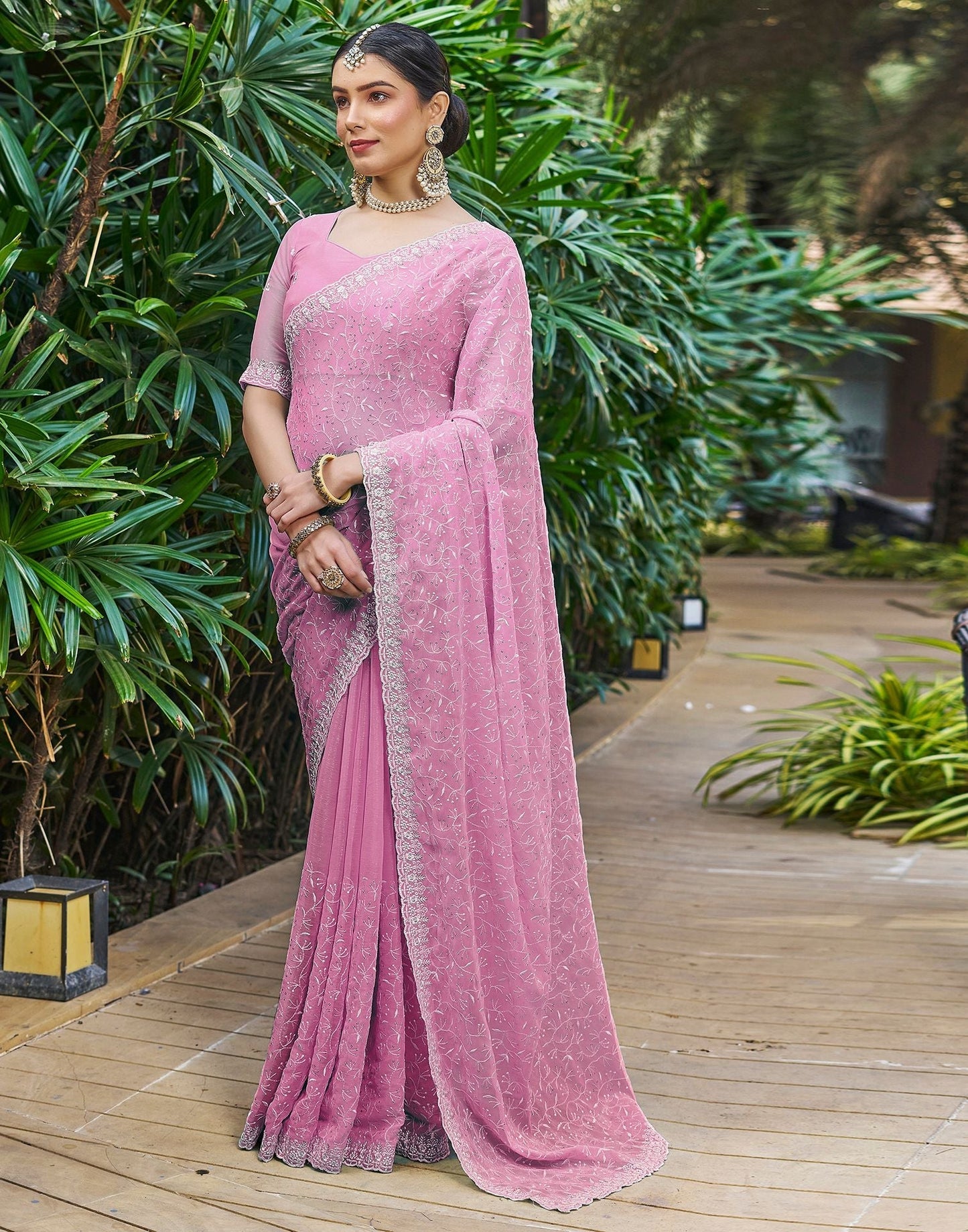 Rose Pink Plain Chiffon Saree