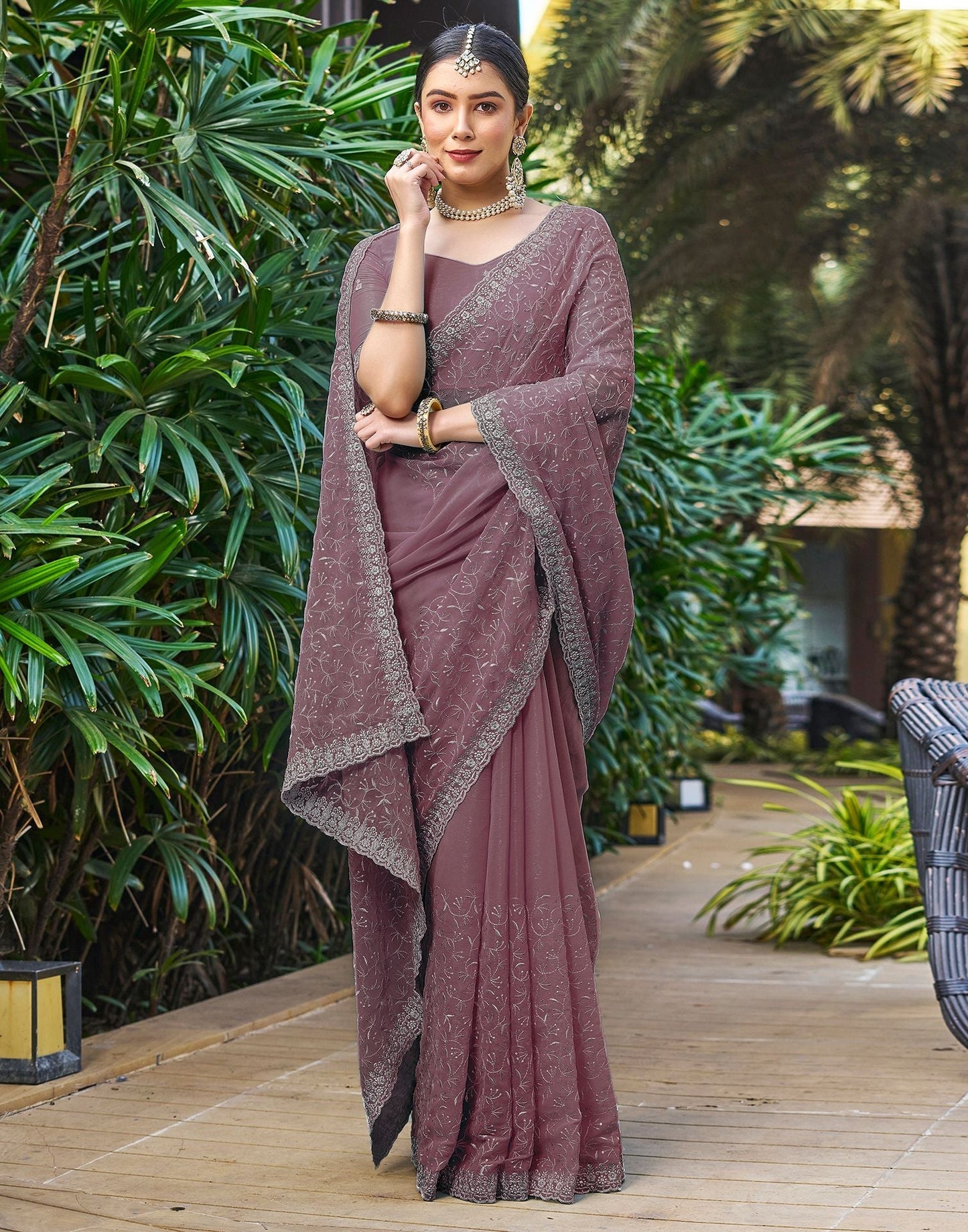 Mauve Plain Chiffon Saree