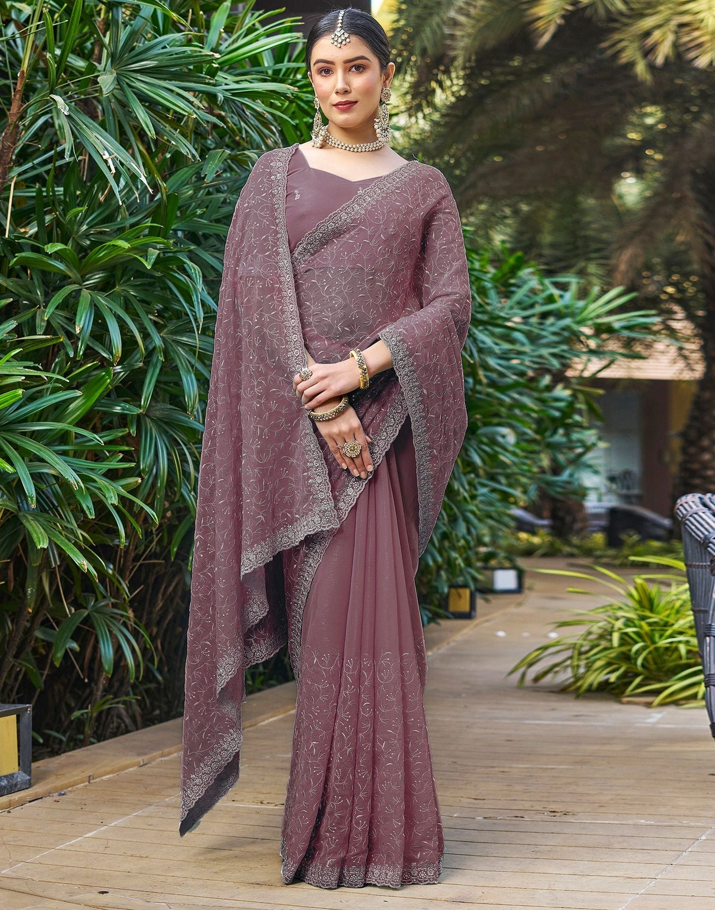 Mauve Plain Chiffon Saree