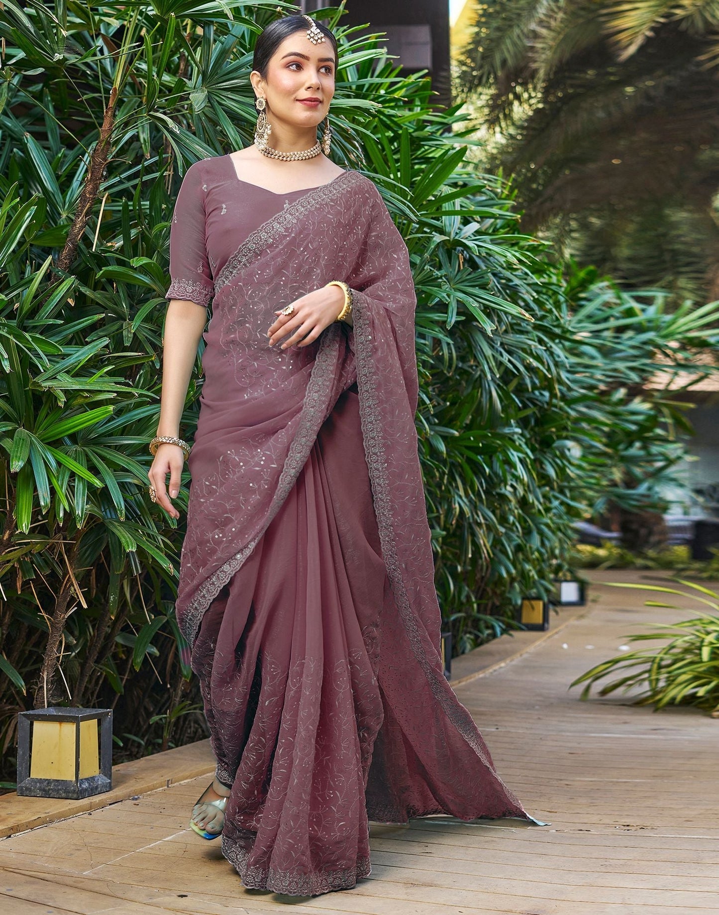 Mauve Plain Chiffon Saree