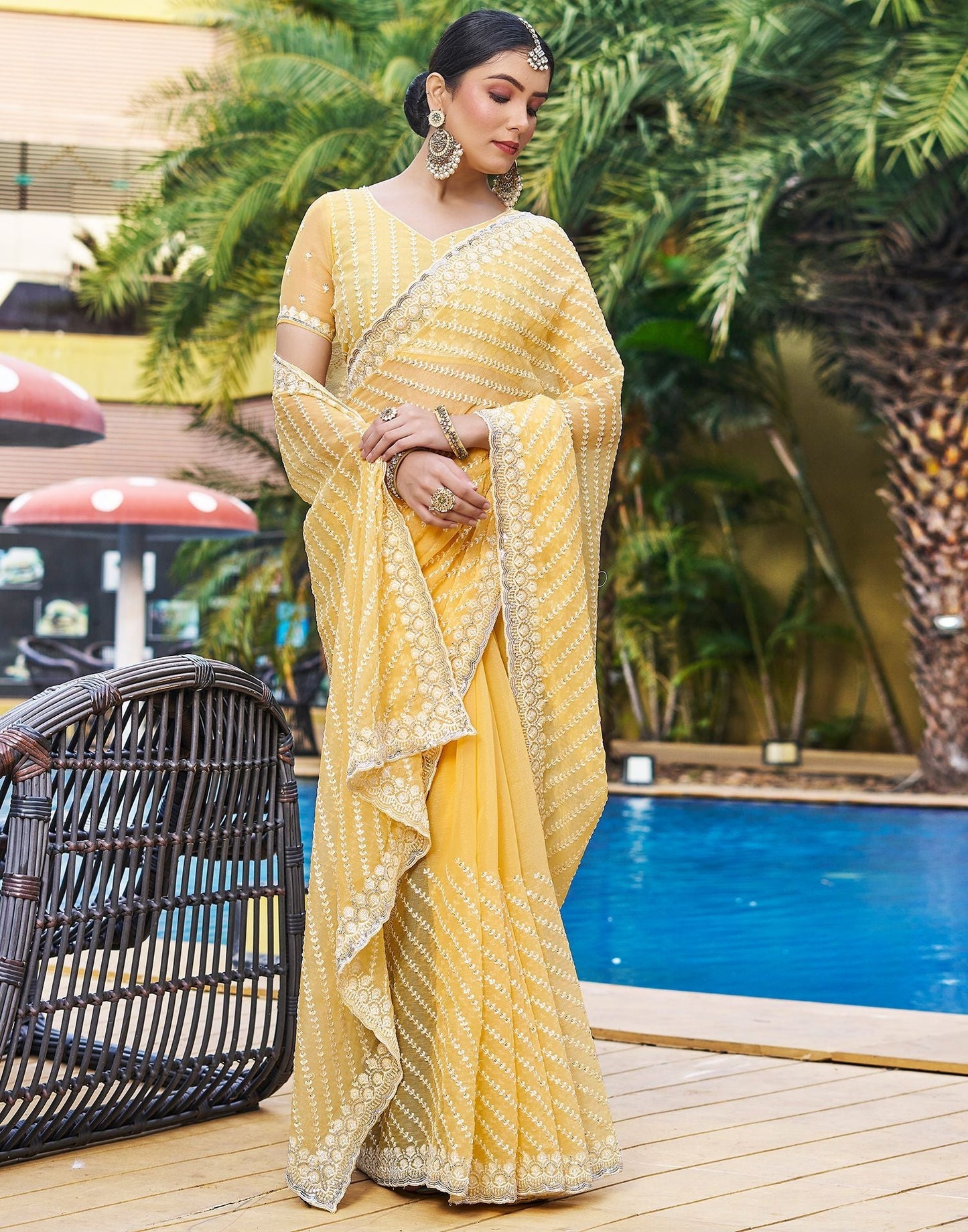 Yellow Plain Chiffon Saree