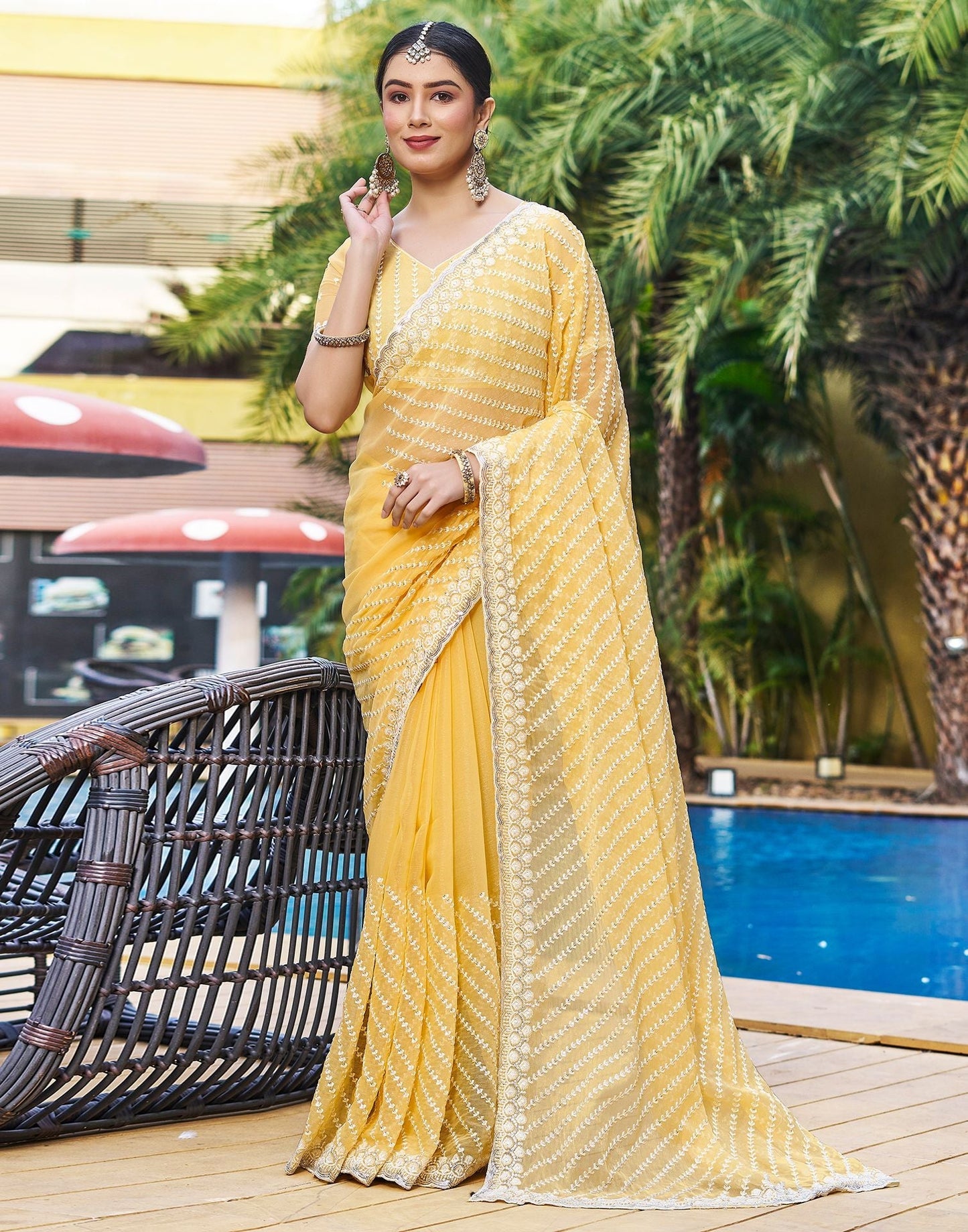 Yellow Plain Chiffon Saree