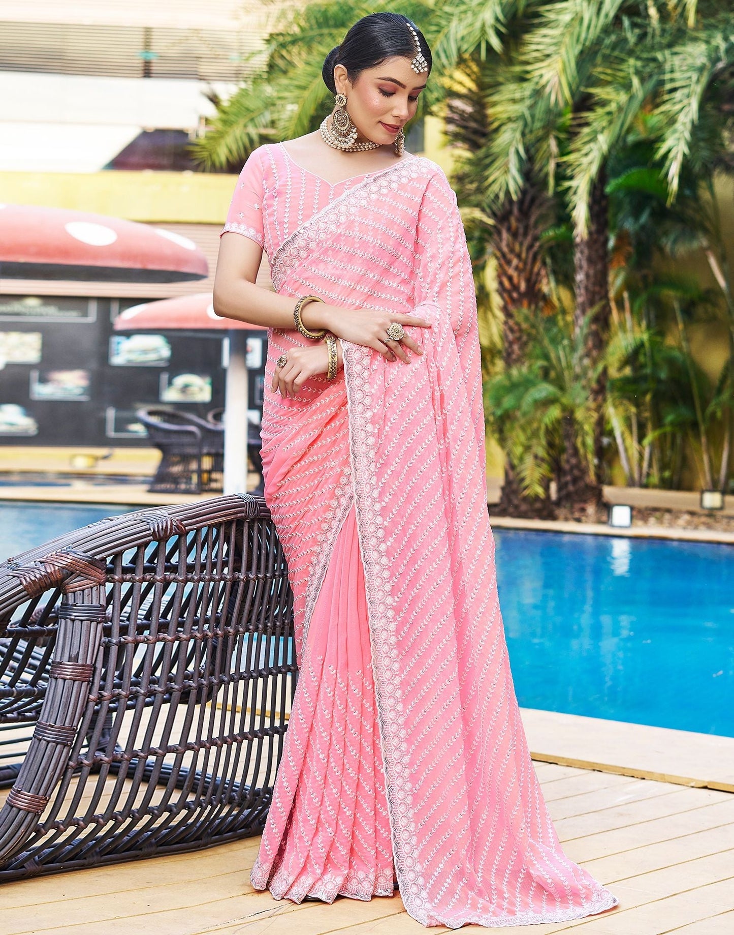 Light Pink Plain Chiffon Saree