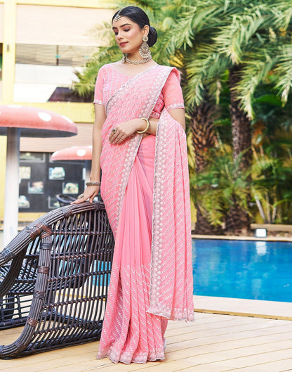Light Pink Plain Chiffon Saree