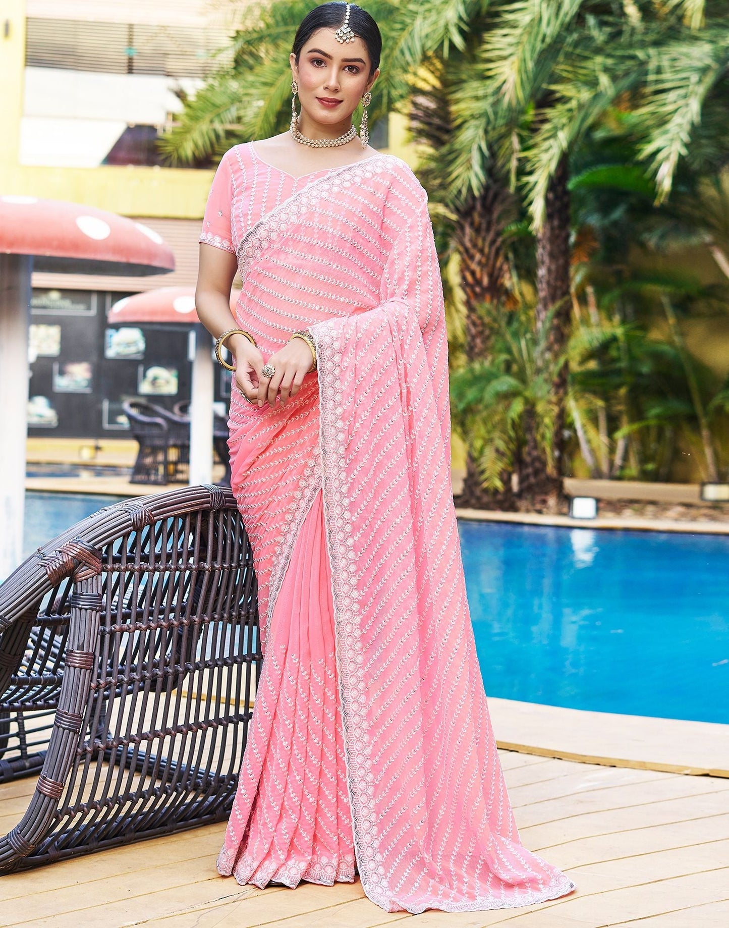 Light Pink Plain Chiffon Saree