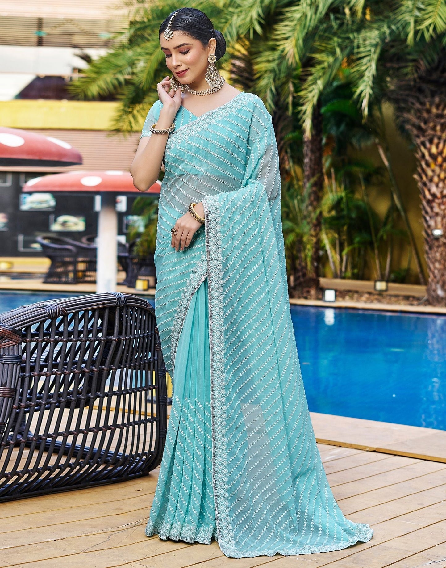 Turqouise Blue Plain Chiffon Saree