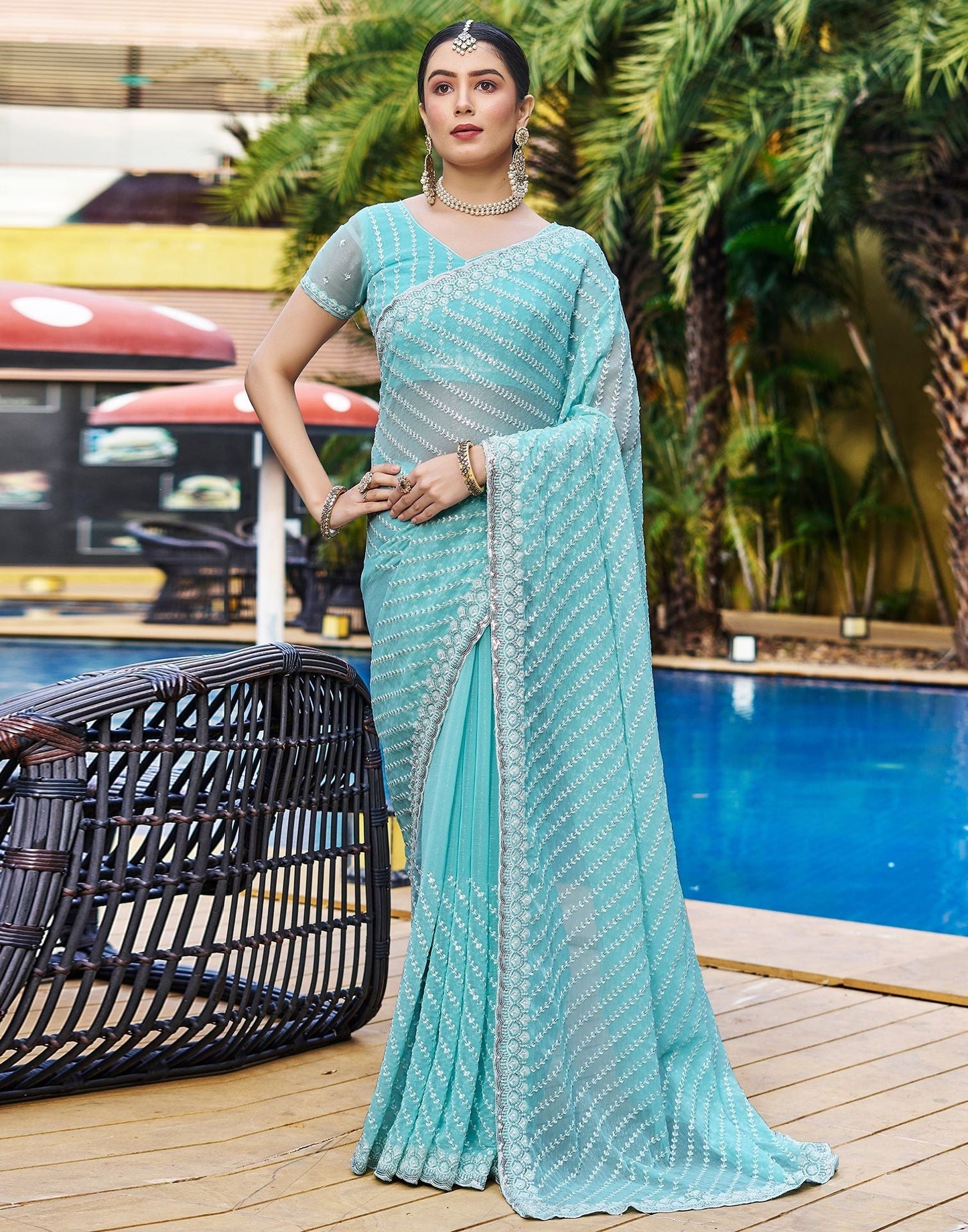 Turqouise Blue Plain Chiffon Saree