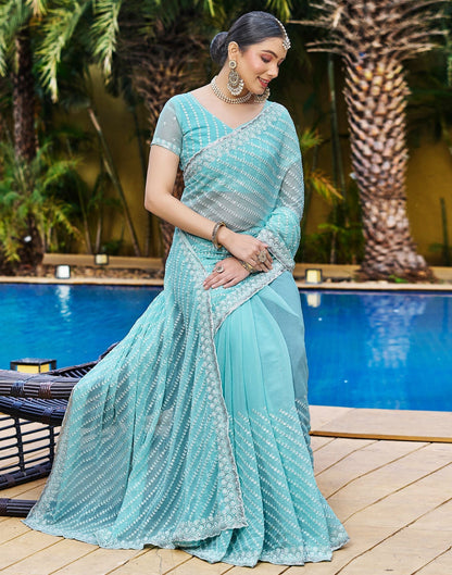 Turqouise Blue Plain Chiffon Saree