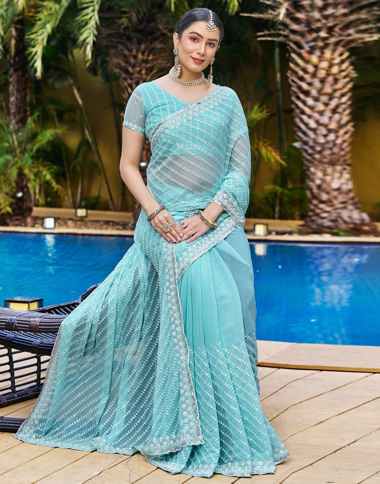 Turqouise Blue Plain Chiffon Saree