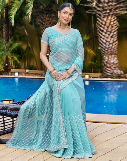 Turqouise Blue Plain Chiffon Saree