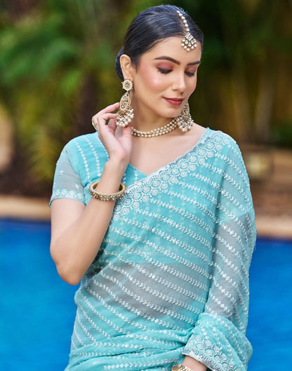 Turqouise Blue Plain Chiffon Saree