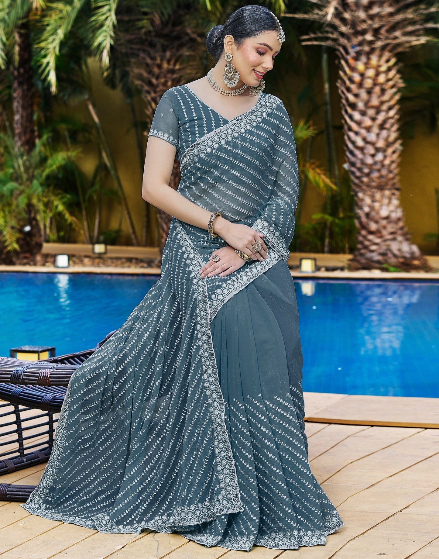 Dull Blue Plain Chiffon Saree