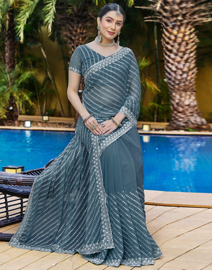 Dull Blue Plain Chiffon Saree