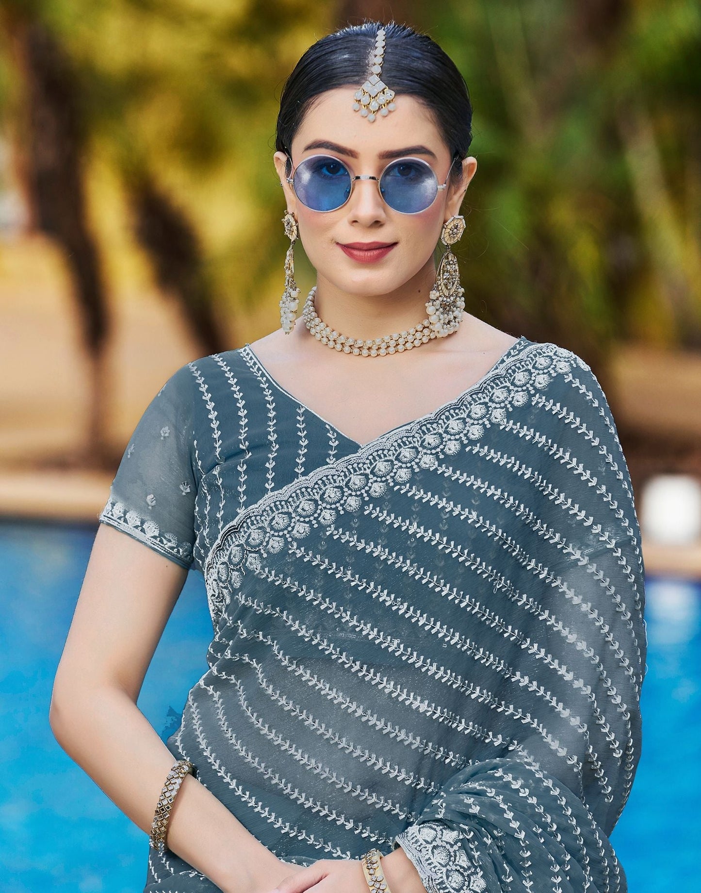 Dull Blue Plain Chiffon Saree
