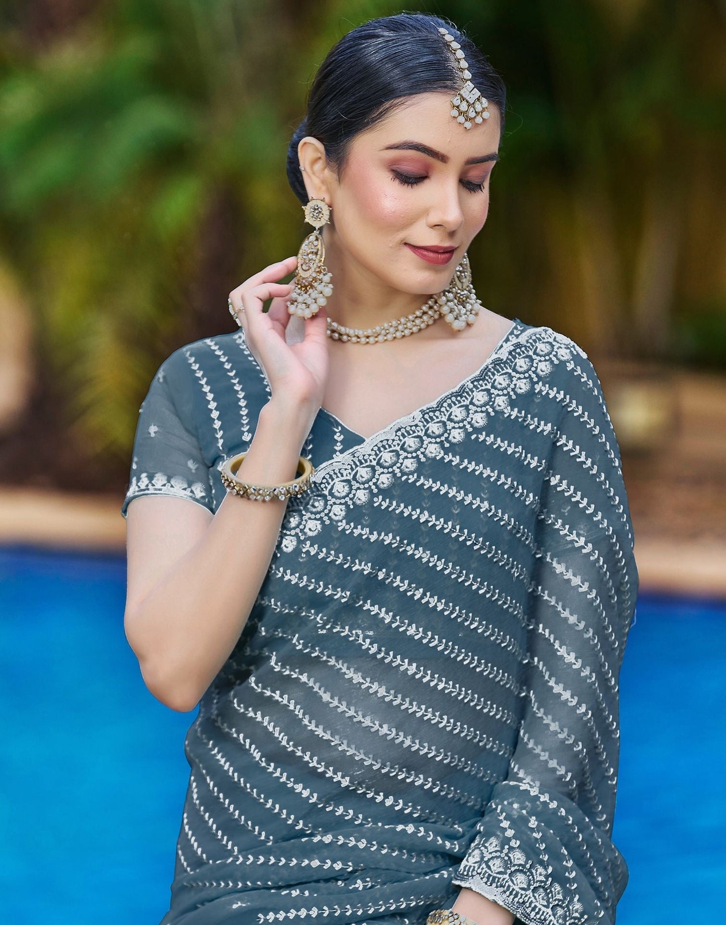 Dull Blue Plain Chiffon Saree