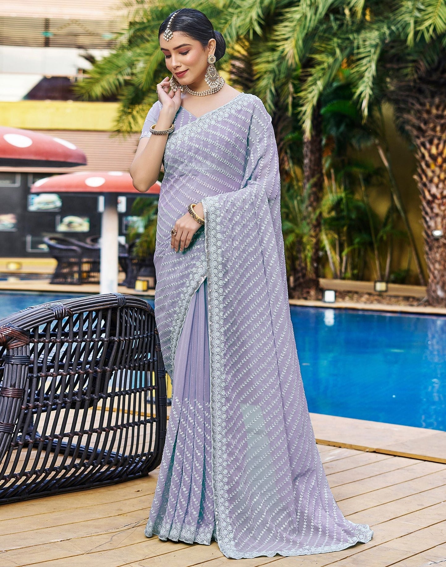 Light Purple Plain Chiffon Saree