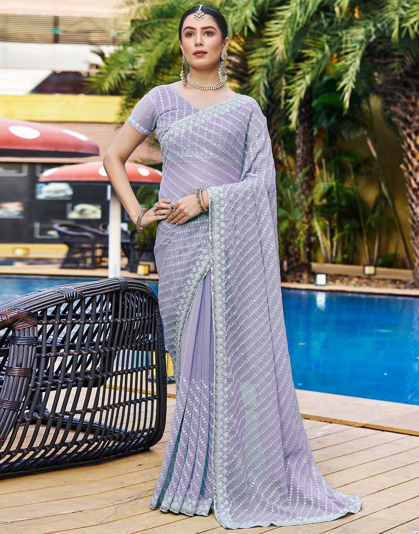 Light Purple Plain Chiffon Saree