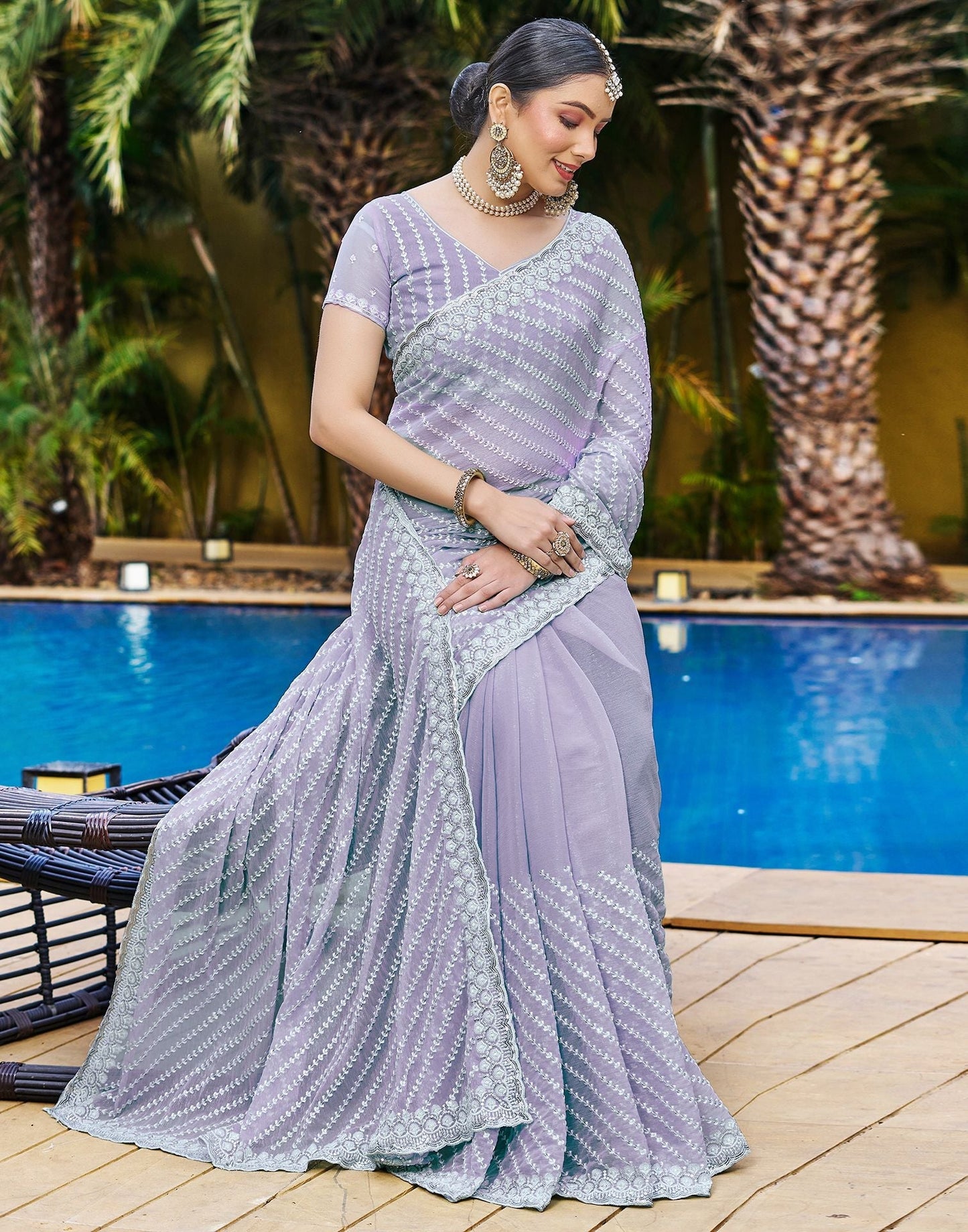 Light Purple Plain Chiffon Saree
