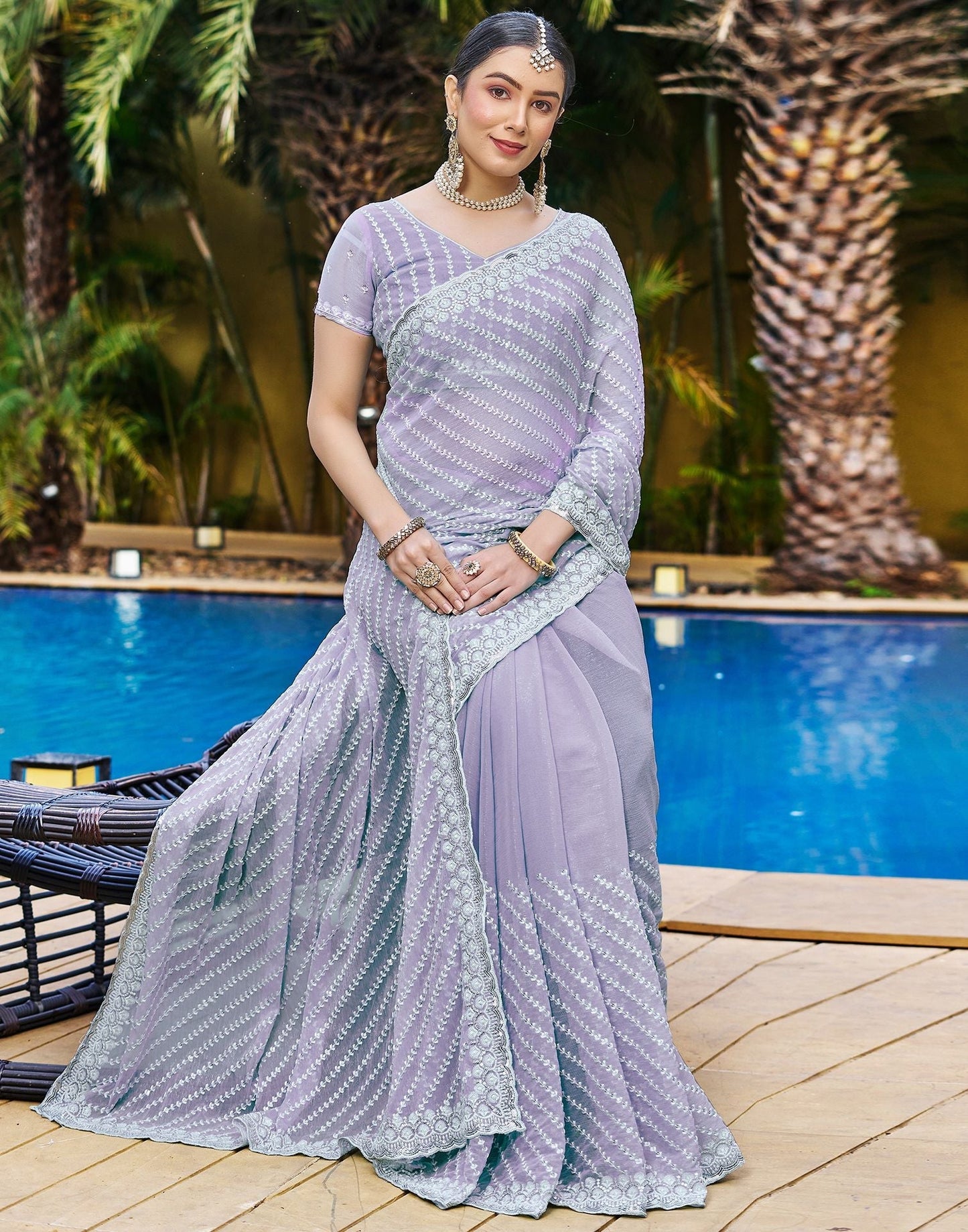Light Purple Plain Chiffon Saree