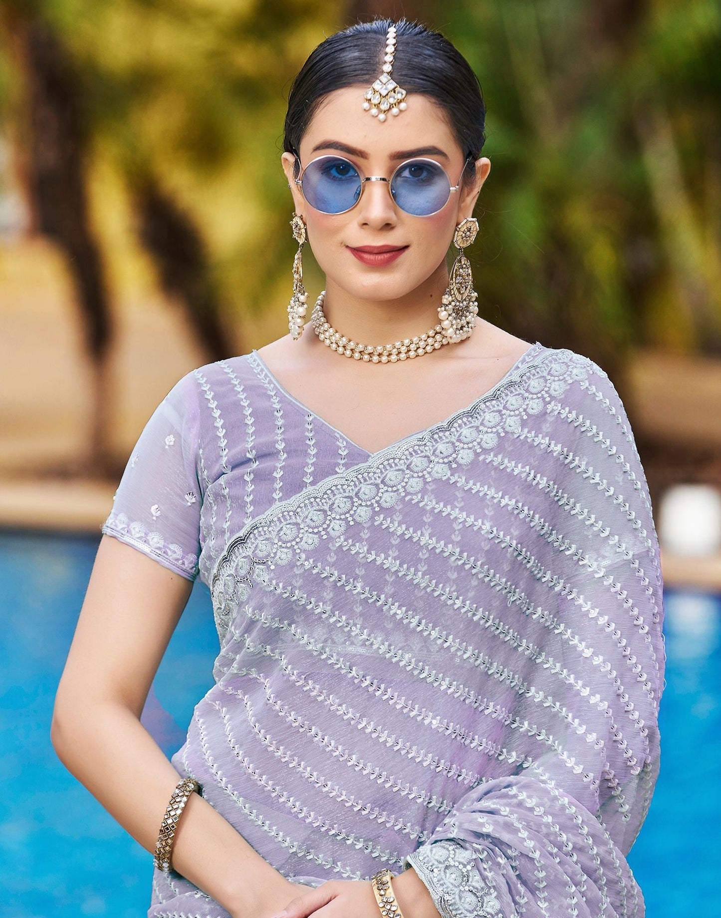 Light Purple Plain Chiffon Saree