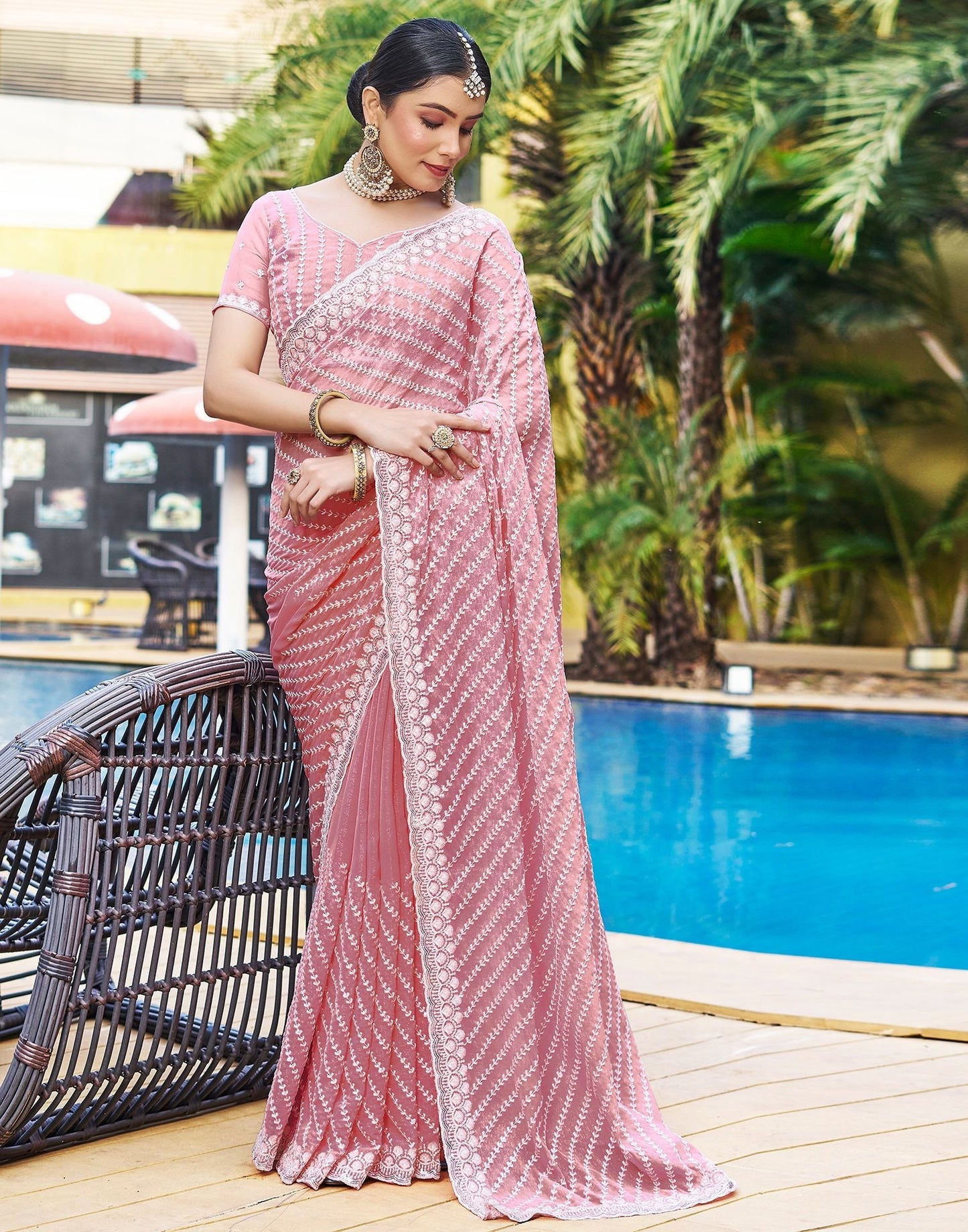 Rose Pink Plain Chiffon Saree