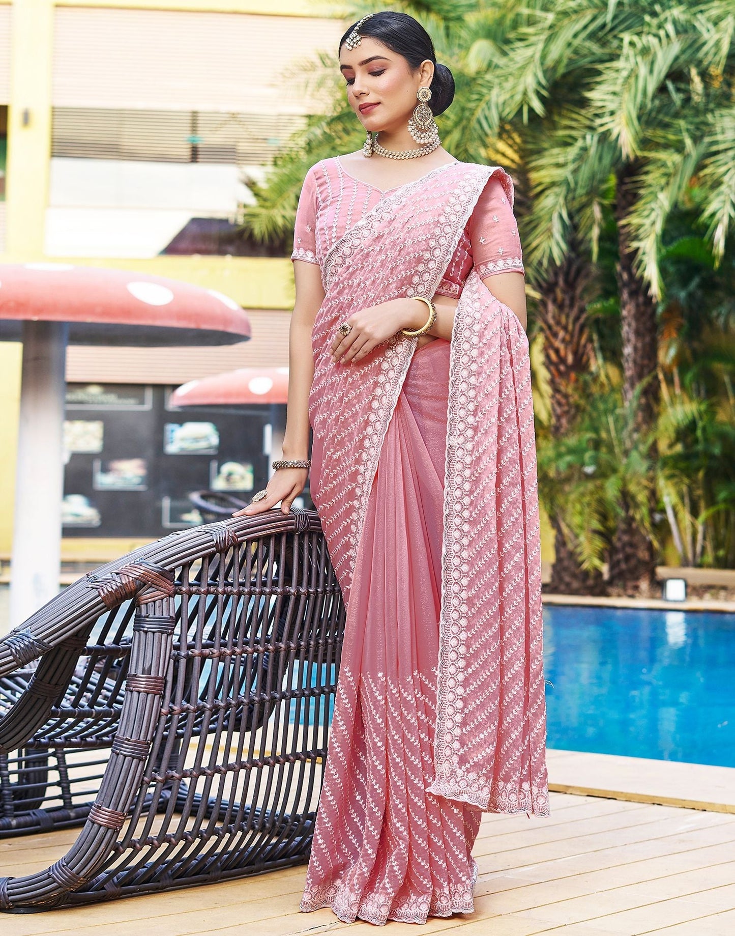 Rose Pink Plain Chiffon Saree