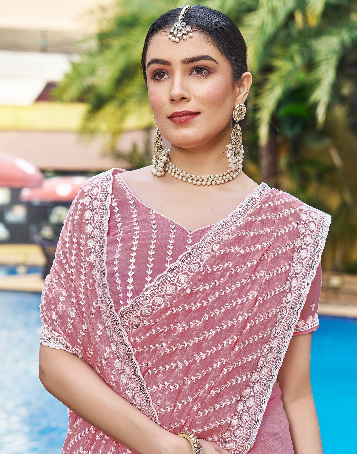 Rose Pink Plain Chiffon Saree