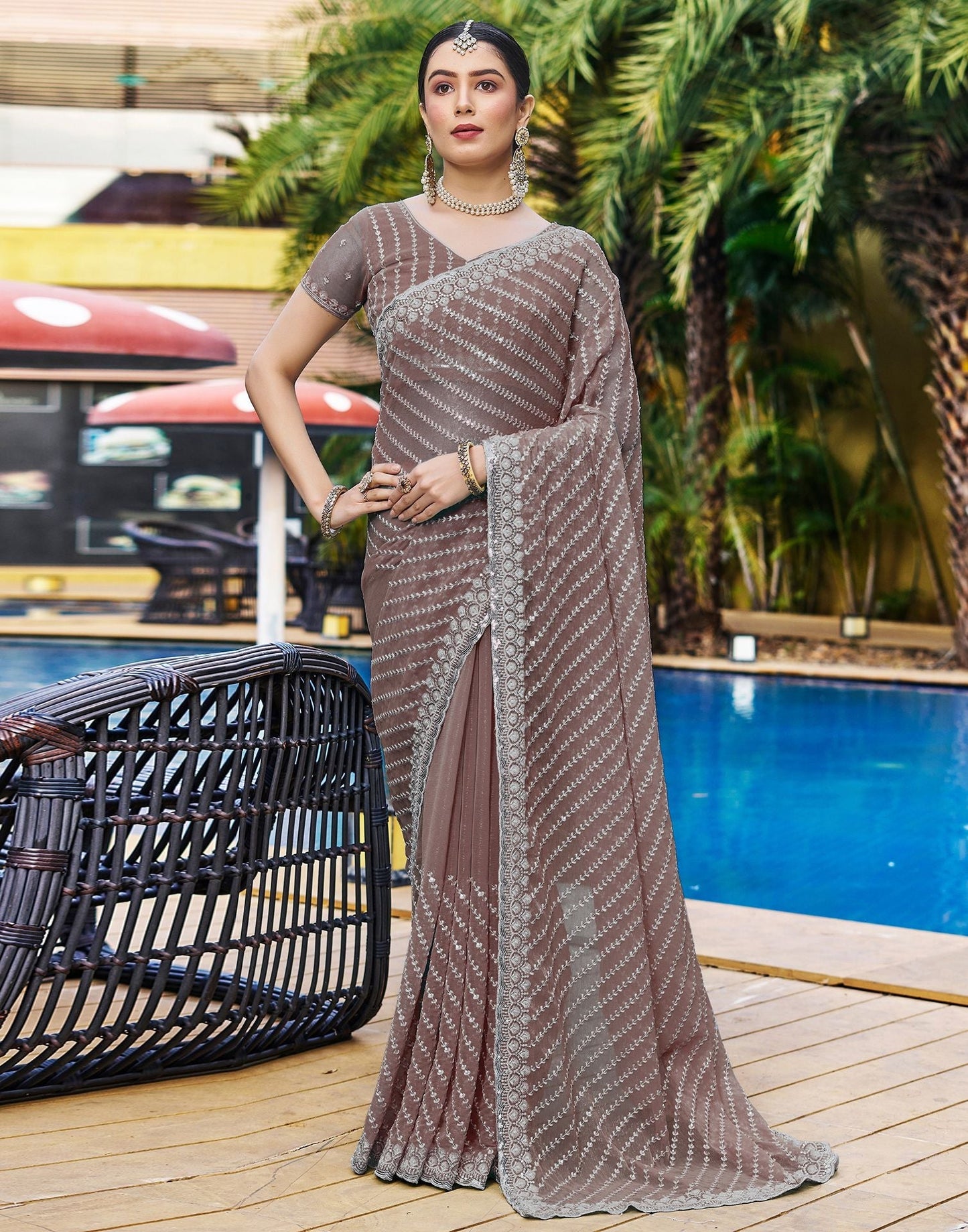 Mauve Plain Chiffon Saree