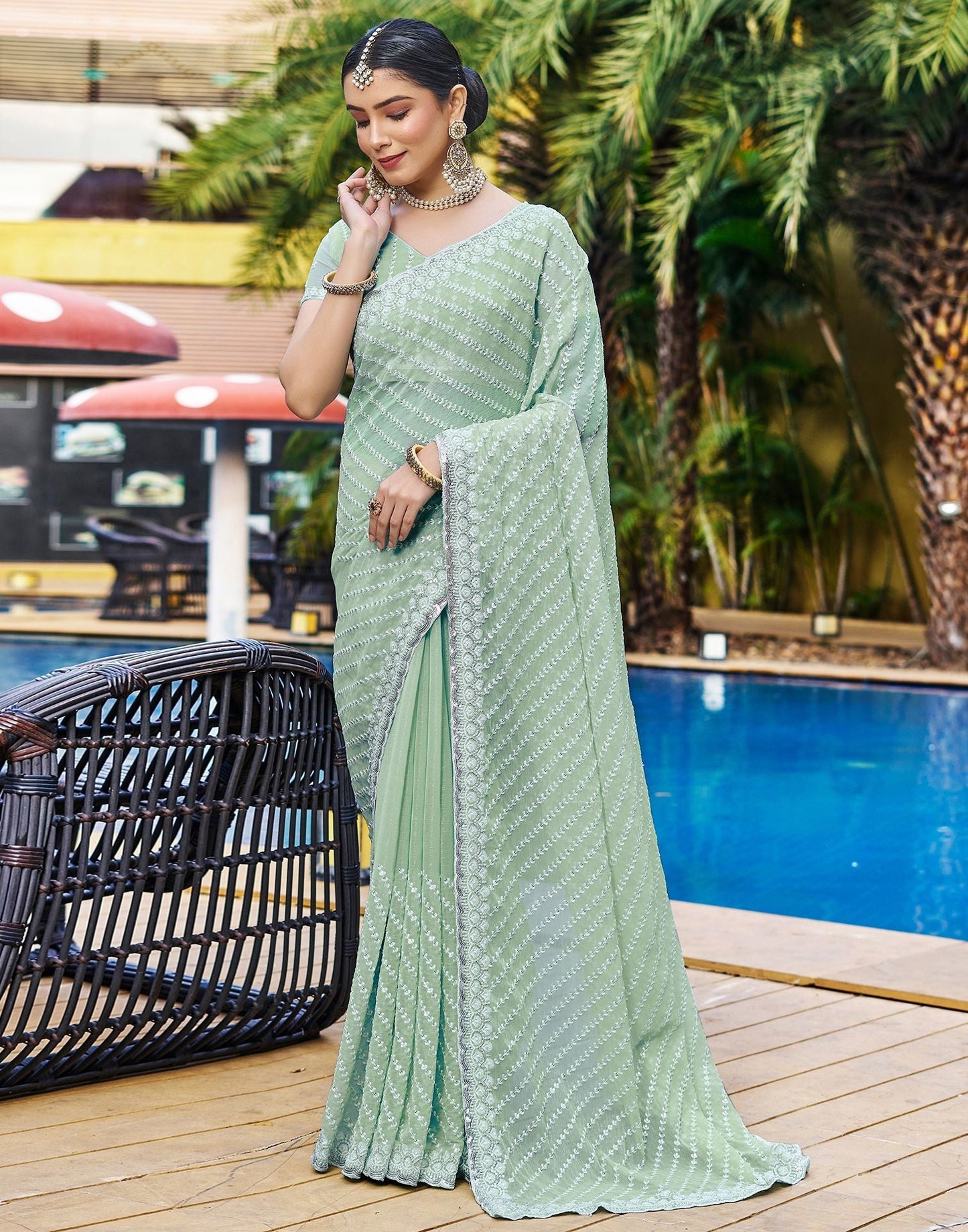 Pastel Green Plain Chiffon Saree