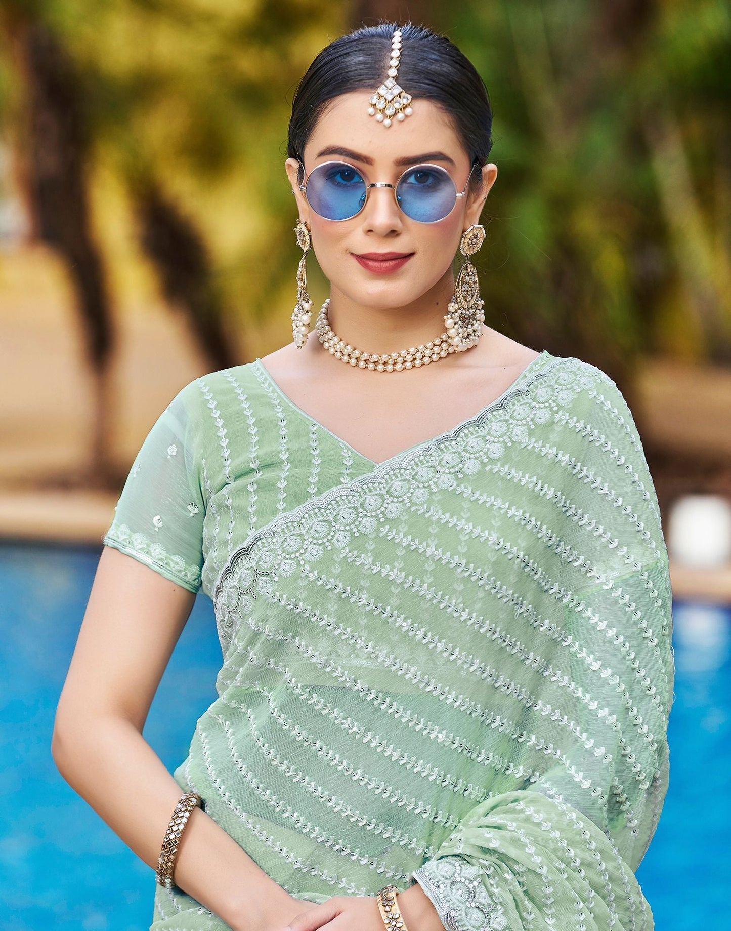 Pastel Green Plain Chiffon Saree