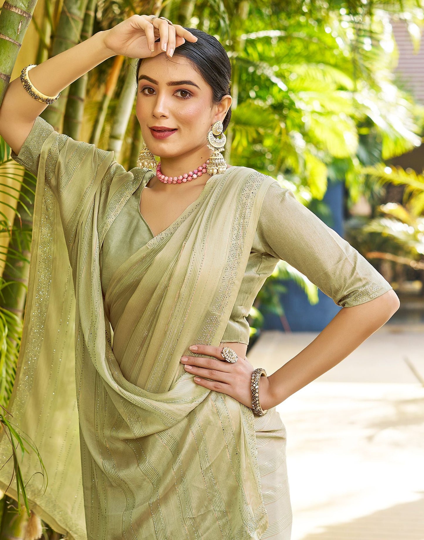 Beige Plain Chiffon Saree