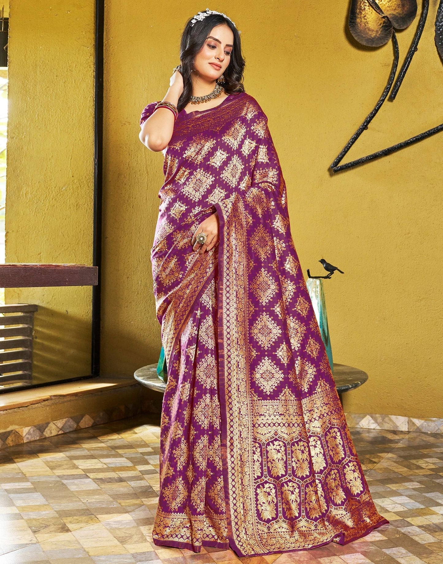 Wine Jacquard Silk Saree