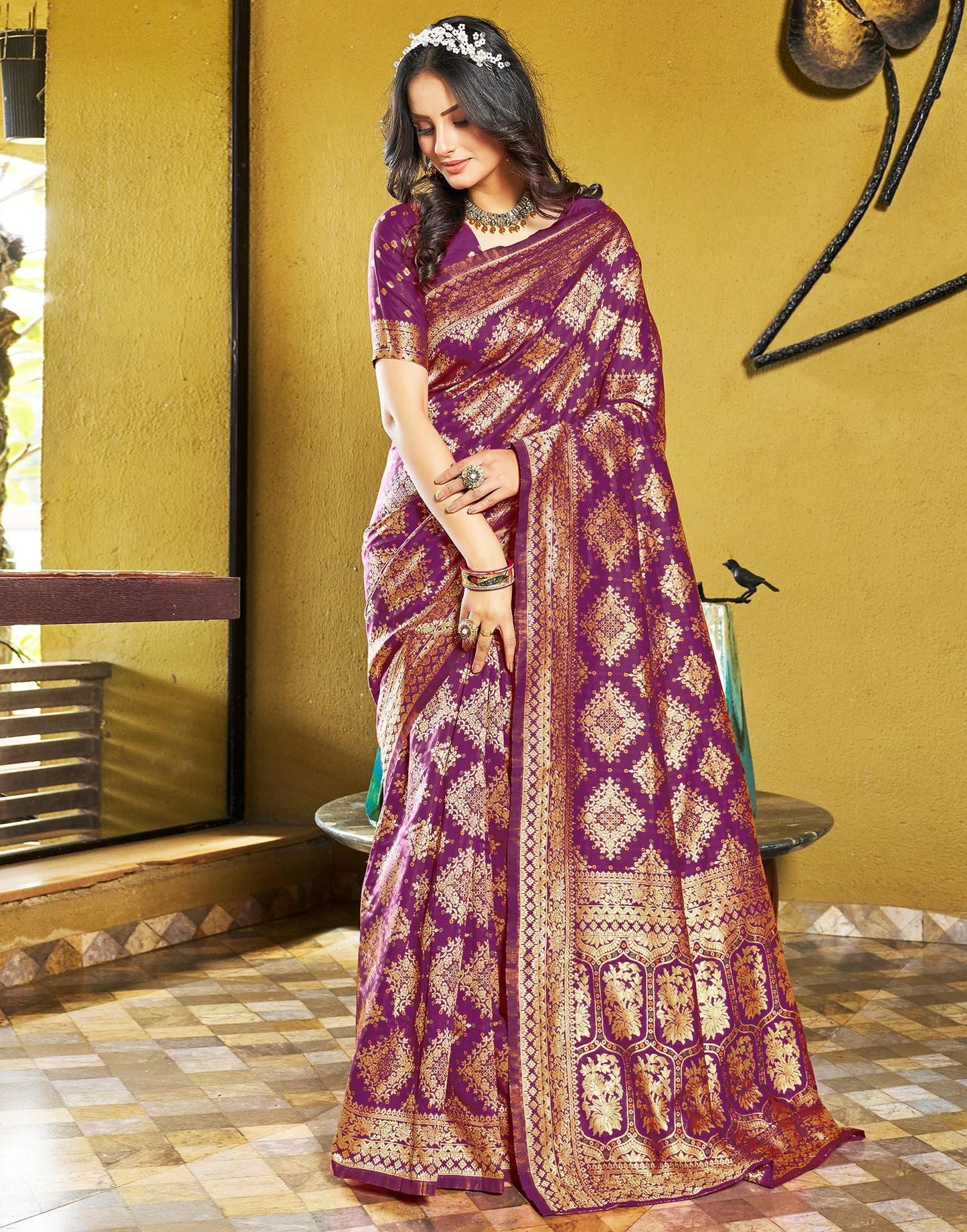 Wine Jacquard Silk Saree