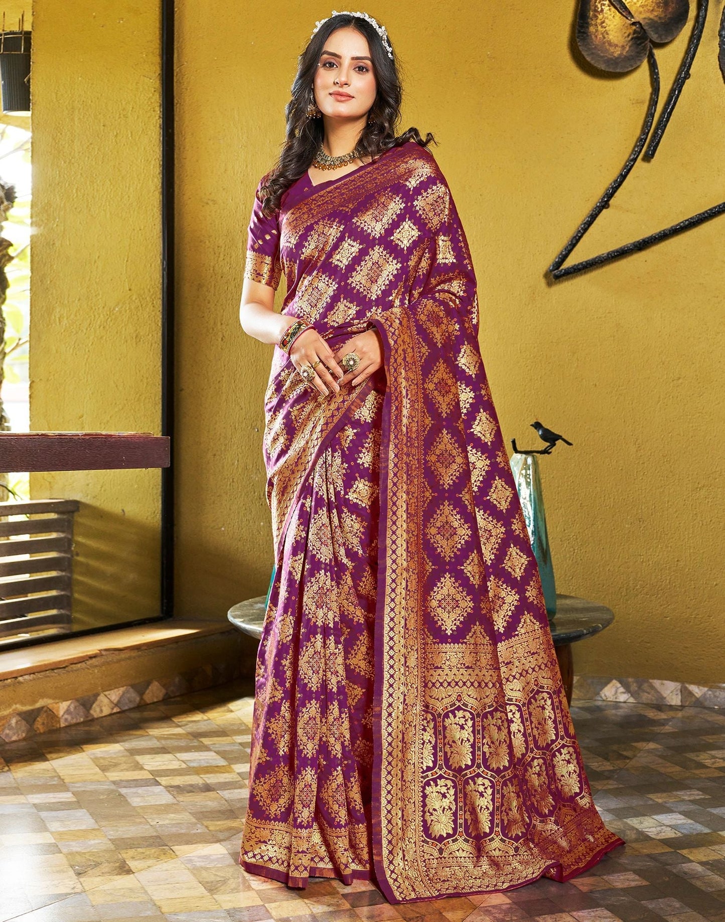 Wine Jacquard Silk Saree