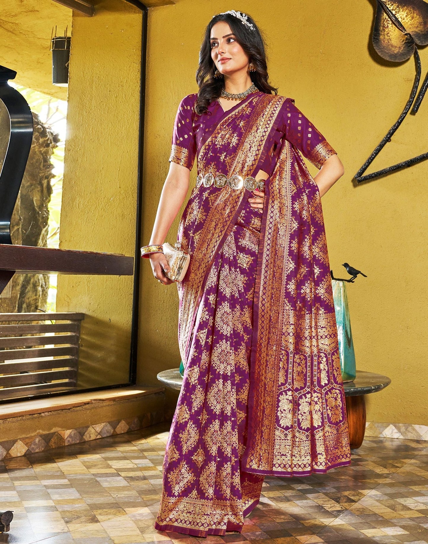 Wine Jacquard Silk Saree