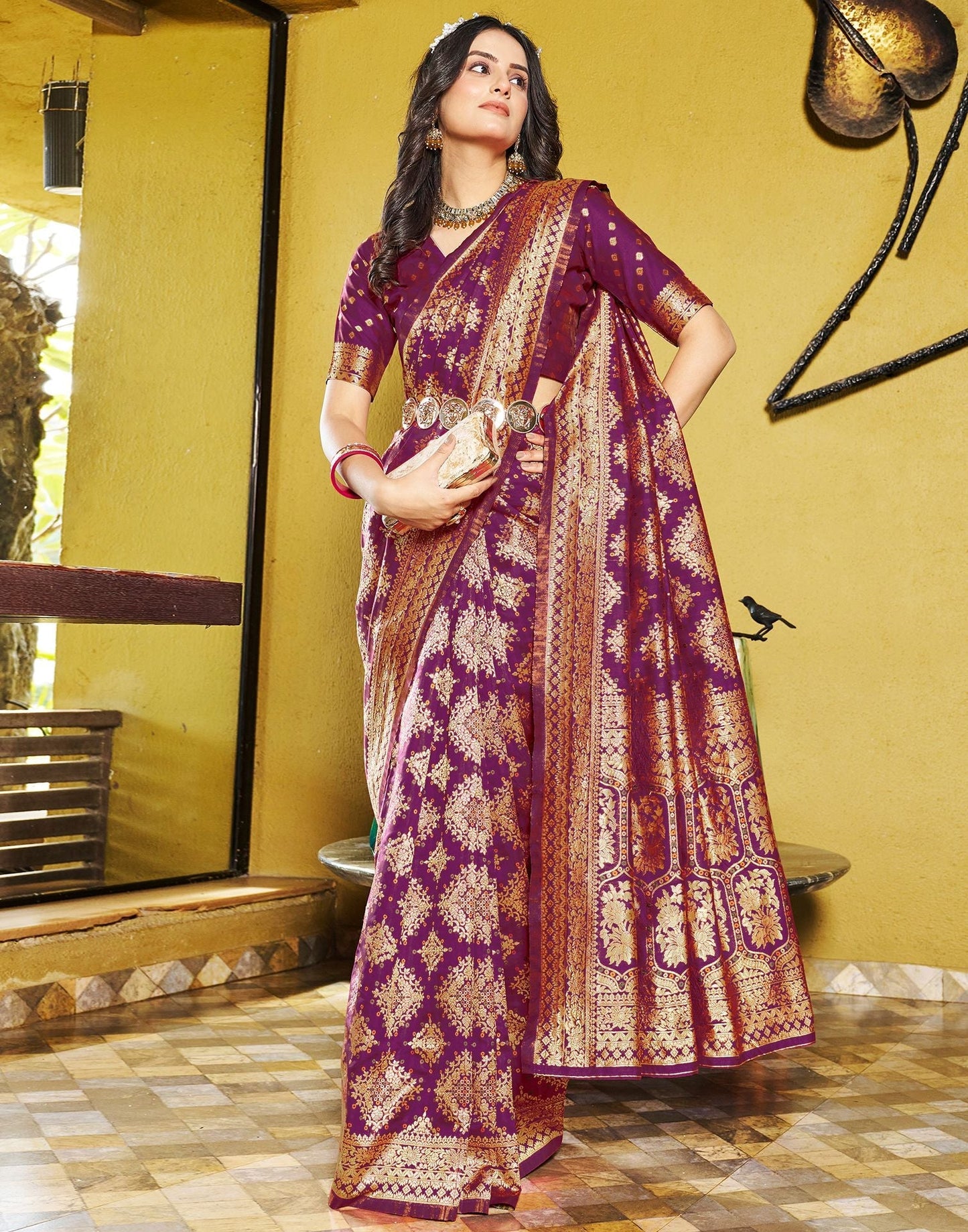 Wine Jacquard Silk Saree