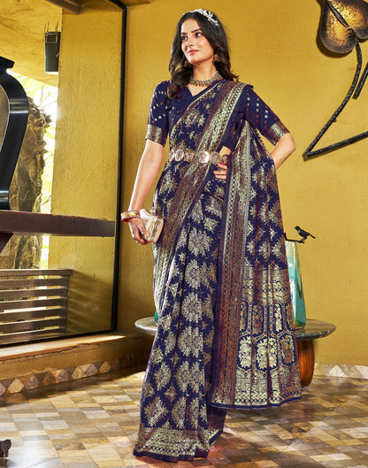 Navy Blue Jacquard Silk Saree