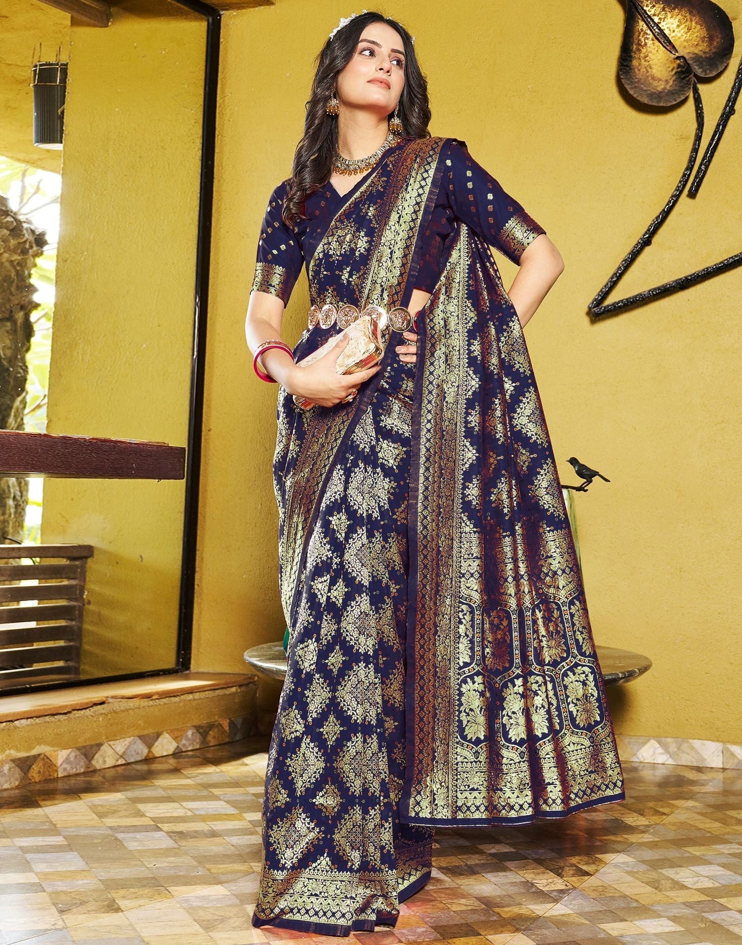 Navy Blue Jacquard Silk Saree