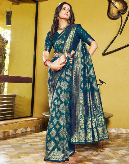 Teal Blue Jacquard Silk Saree