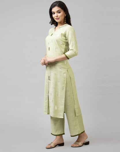 Pista Green Coloured Muslin Slub Foil Printed Kurti With Palazzo | Leemboodi