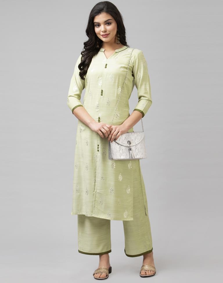 Pista Green Coloured Muslin Slub Foil Printed Kurti With Palazzo | Leemboodi